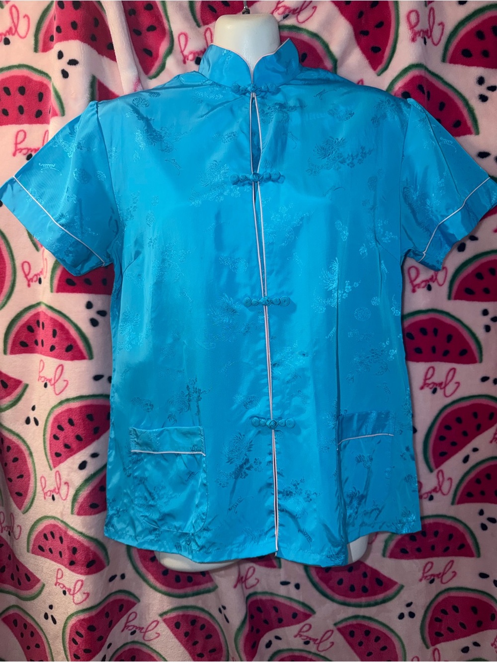 🩵 Vintage Satin Mandarin Collar Blouse with Frog Closures